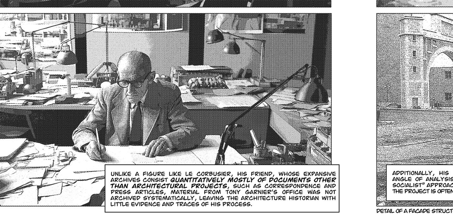 A black and white picture of a man writing at his desk, there is comic book-like text over the bottom
