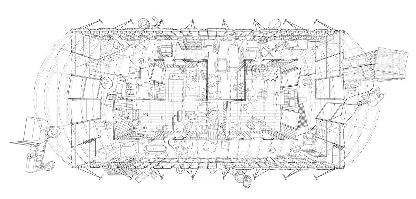 Line drawing of a building section seen from above
