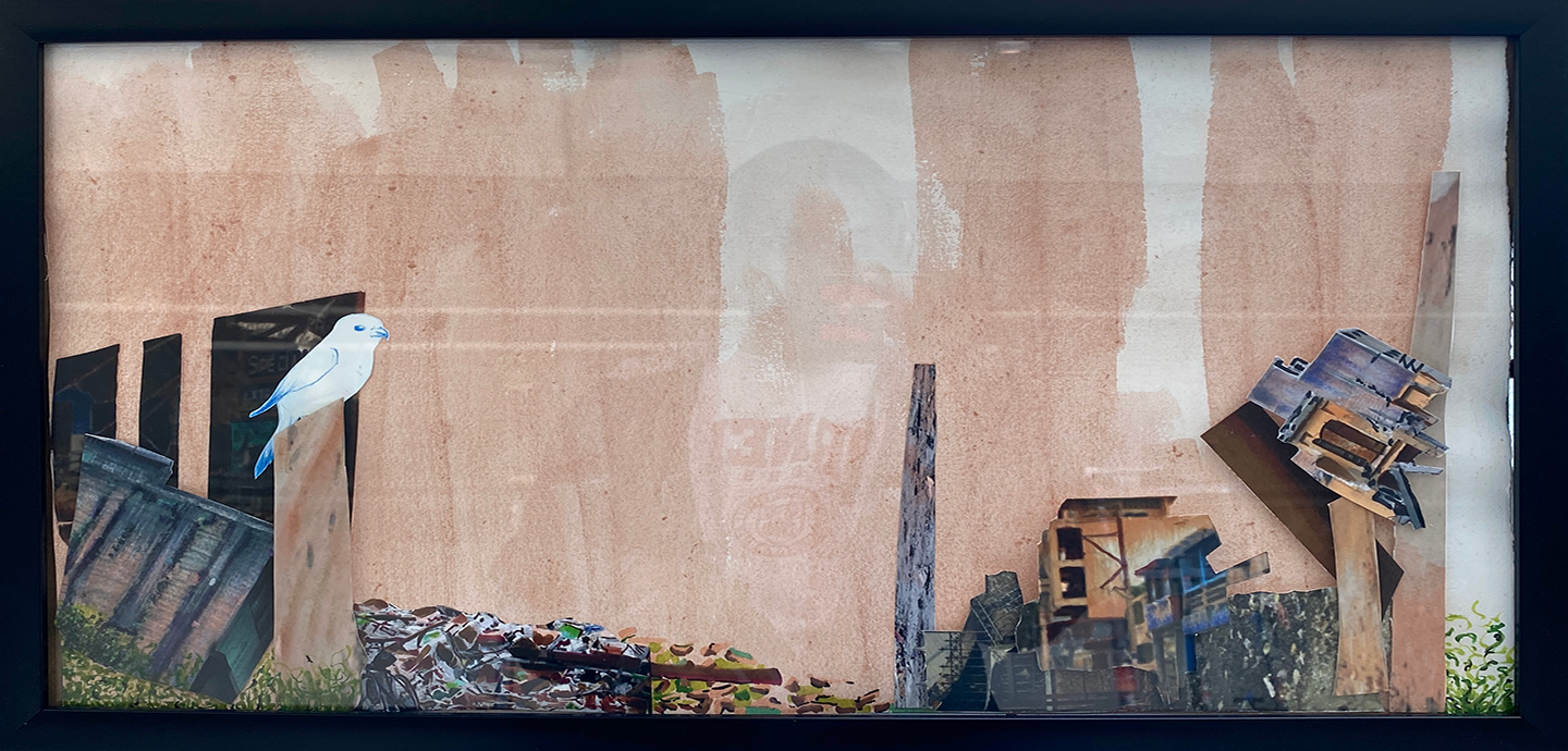 Watercolor and collaged illustrated images of a bird, a car, industrial architecture, in a black frame with glass over it. 