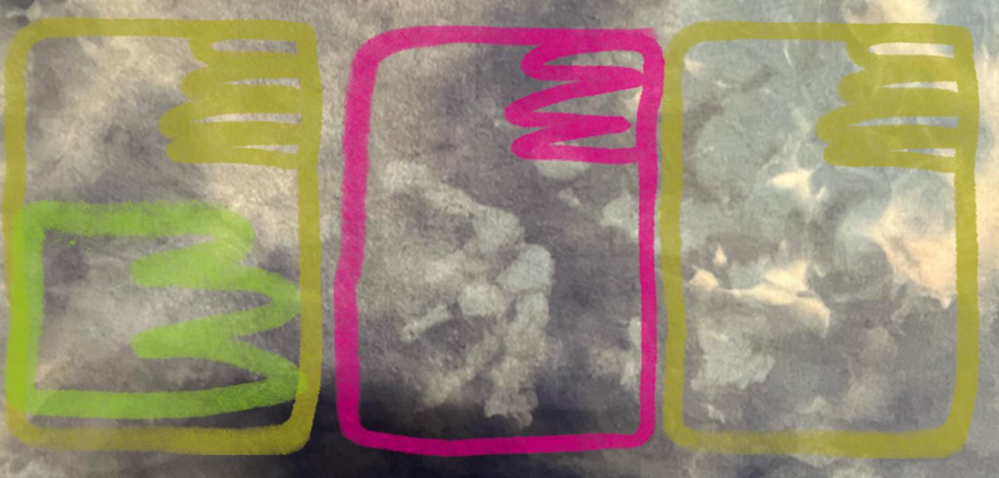 Three abstract boxes, two yellow green with a bright pink box in the center against a gray faded background.
