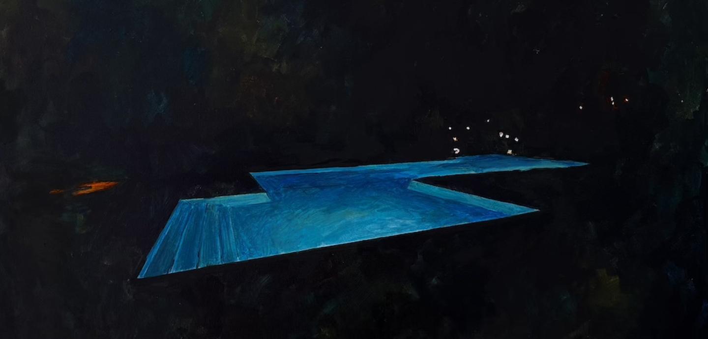 A painting of a swimming pool at night.