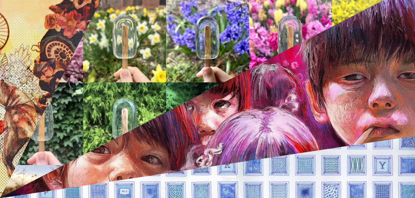 A colorful collage with flowers, clear popsicles, and children's faces.