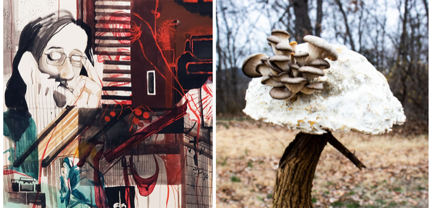 On the left, a painting and illustration of a person wearing glasses, holding a phone to their ear and their fingertip to their temple, with eyes closed. On the right, a color photo of a mushroom sculpture growing out of wood against a light brown leaf-littered ground and a grey sky.