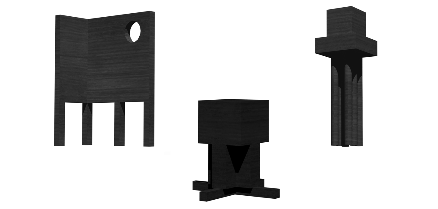 Three architectural models on a white background, created from painted black wood.