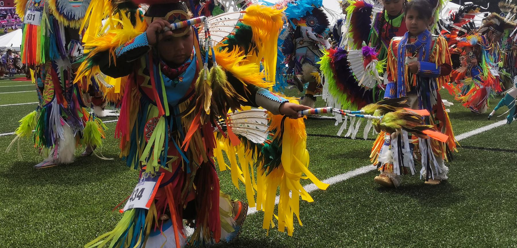 Native American kids performing at a powwow