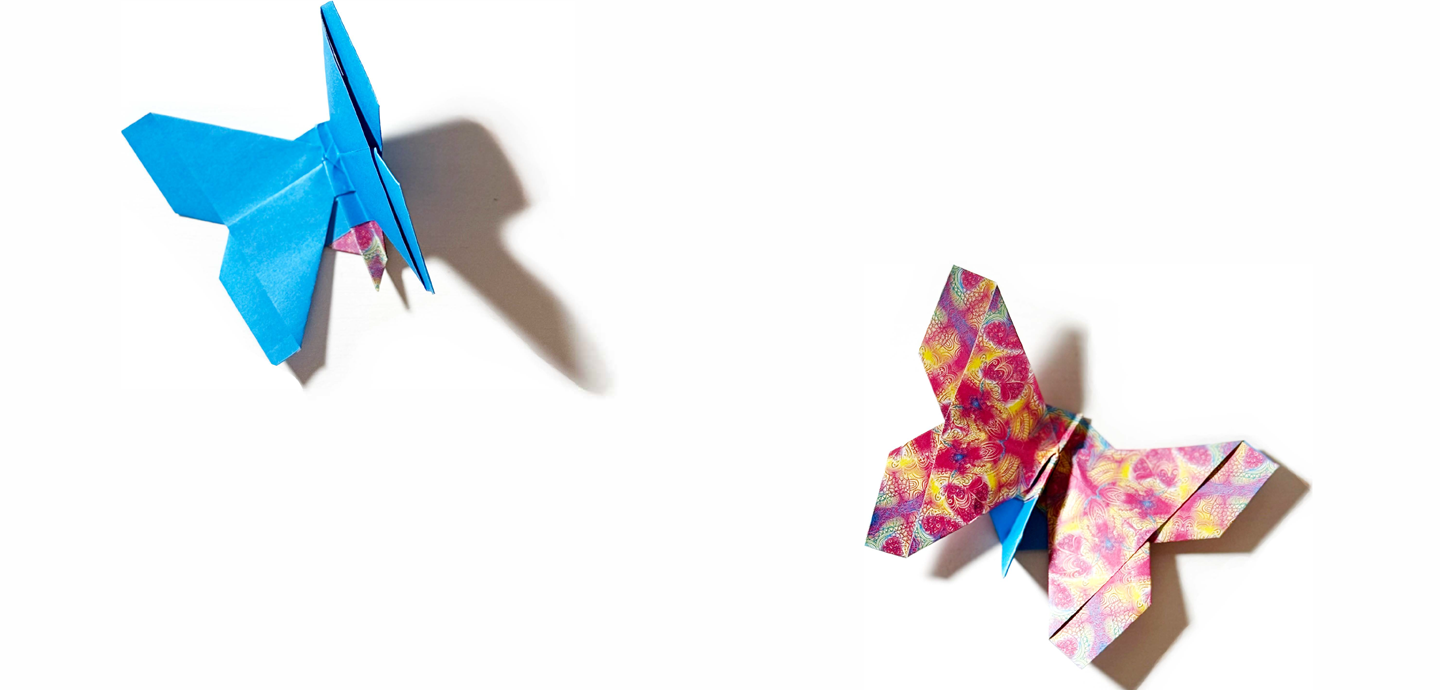 Two paper butterflies on a white background casting light shadows. The butterfly on the left is sky blue, and the butterfly on the right is patterned with pink, blue, and yellow shapes.