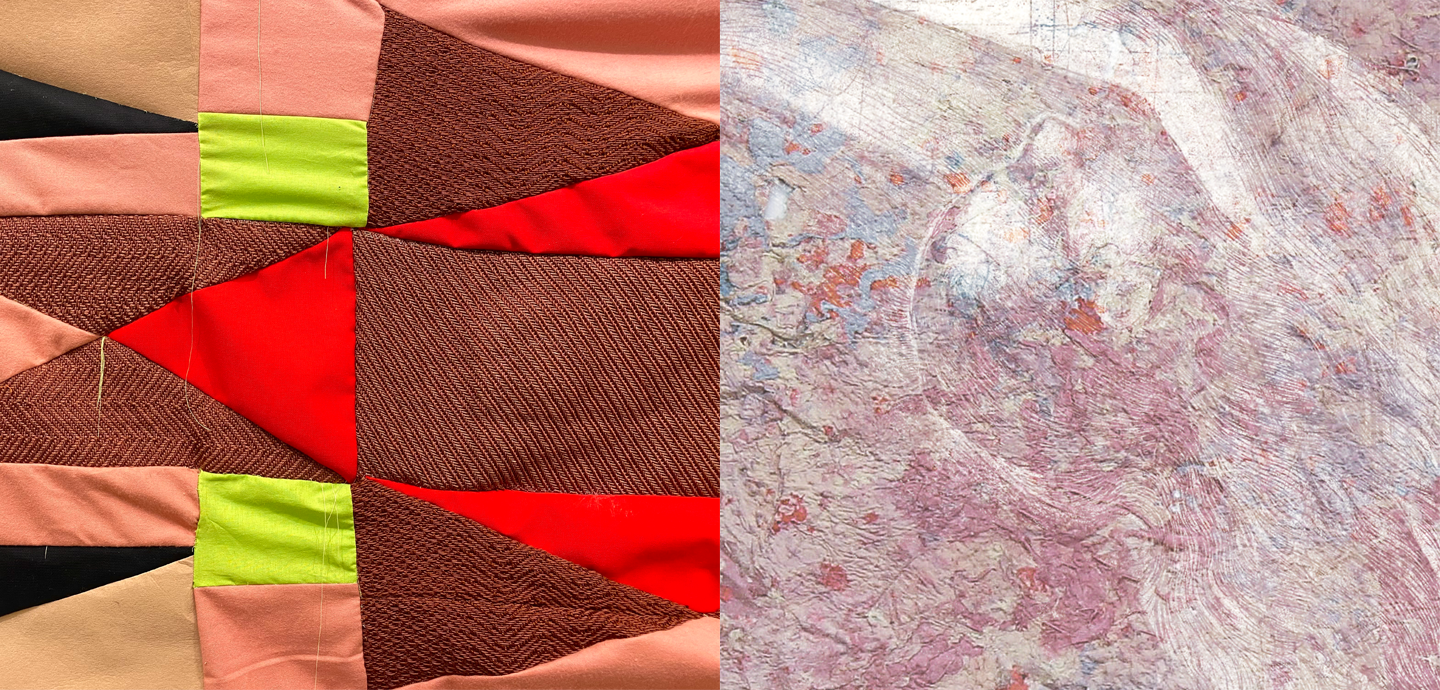On the left, a closeup of a quilt with red triangles, brown triangles, green squares, and peach squares. On the right, a closeup of handmade paper with pink, blue, red, and white speckles.