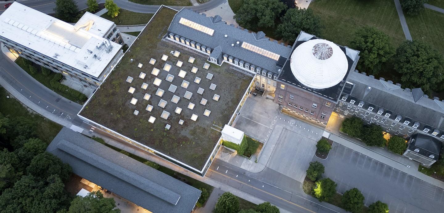 An aerial view of Sibely and Milstein Hall