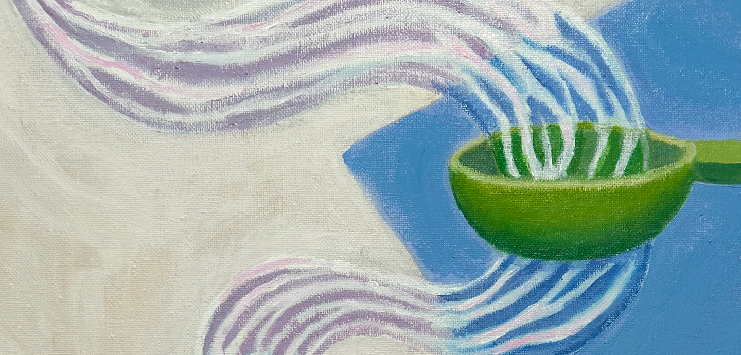 Closeup of a painting with water flowing through a green vessel on a geometric blue and white background.