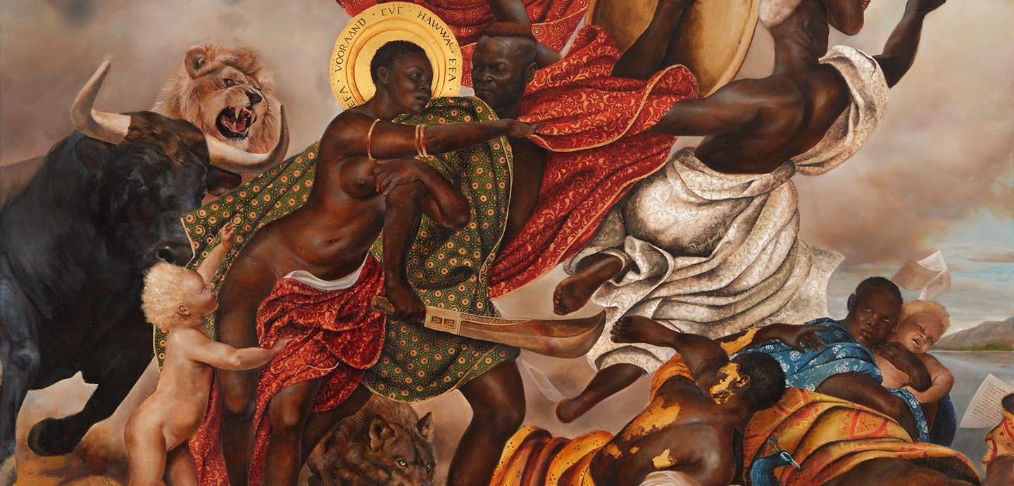 A painting of a half-naked woman with a golden halo, holding on to the arm of a man carrying a sword, with additional people and animals in the background.