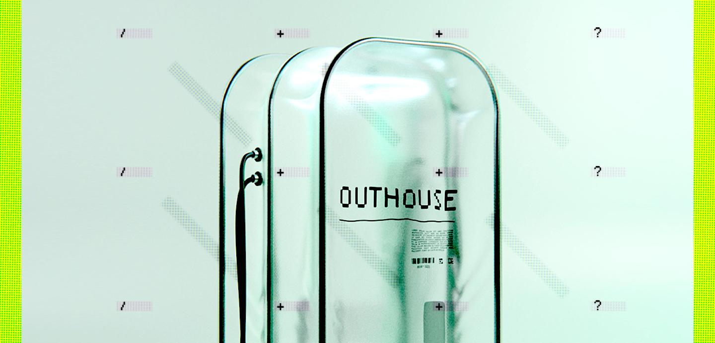3D rendered image of a futuristic outhouse with frosted glass, with a light blue background.