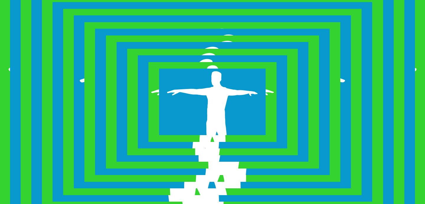 Green and blue stripes around a white silhouette of a person standing with their arms out