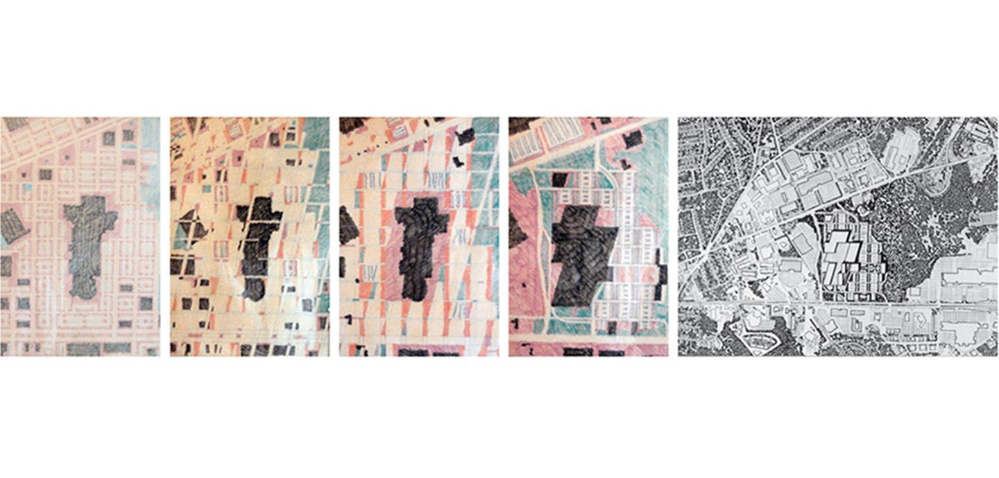 A series of birds eye view neighborhood plan drawings of Framingham, MA