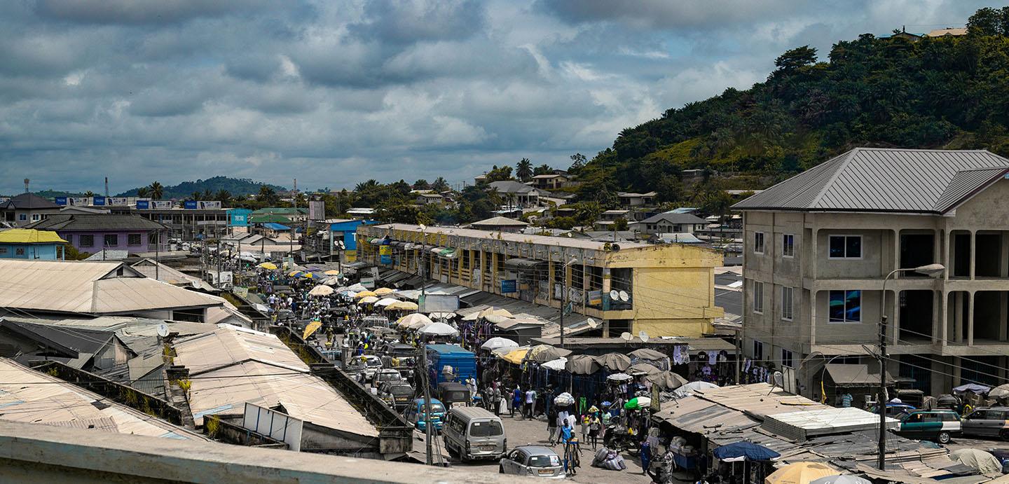 View looking out across a busy street in Accra, Ghana.