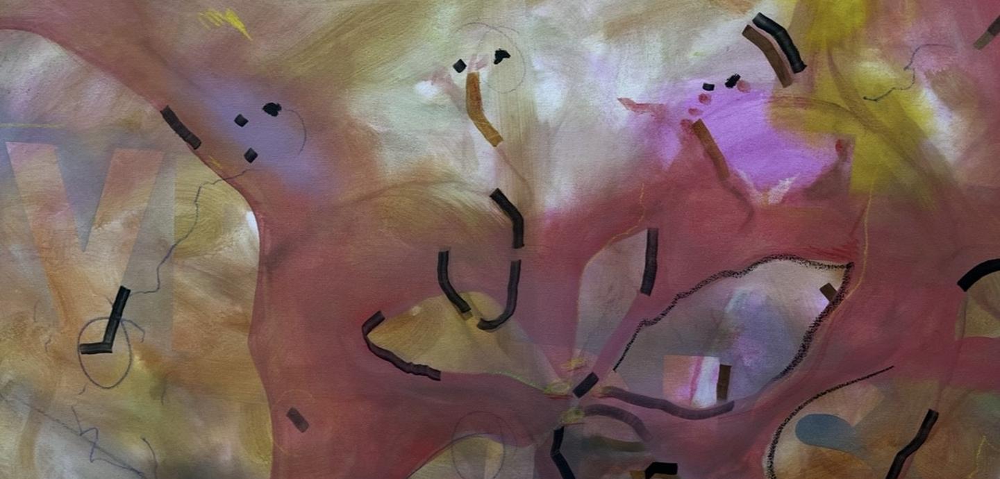 A painting with an iridescent gold and pink background and abstract shapes on top.