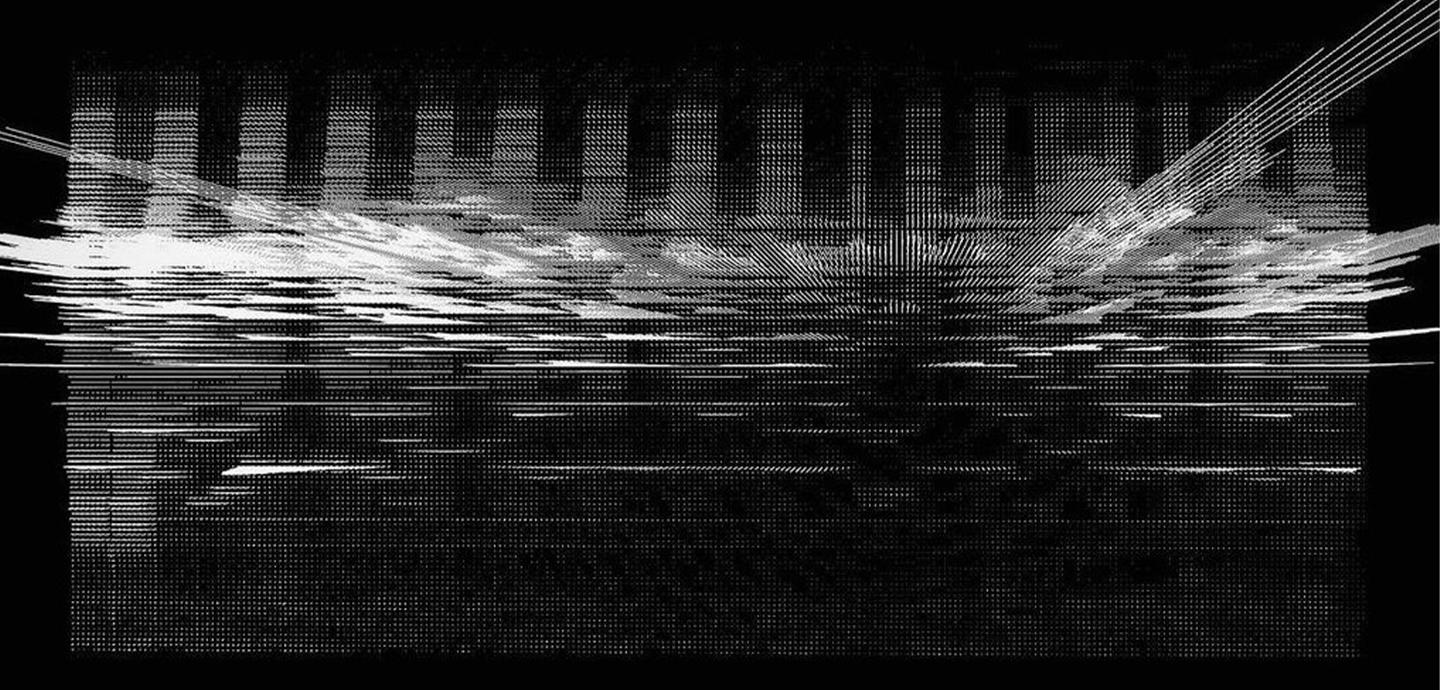 Over a black background, a series of white points rise towards the viewer at different heights in a one-point perspective view, similar to the appearance of a city with skyscrapers from above.