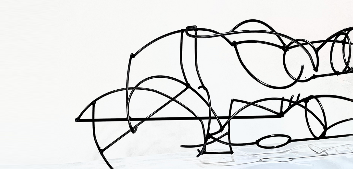 Abstract sculpture made of black, curved metal rods on a white floor.