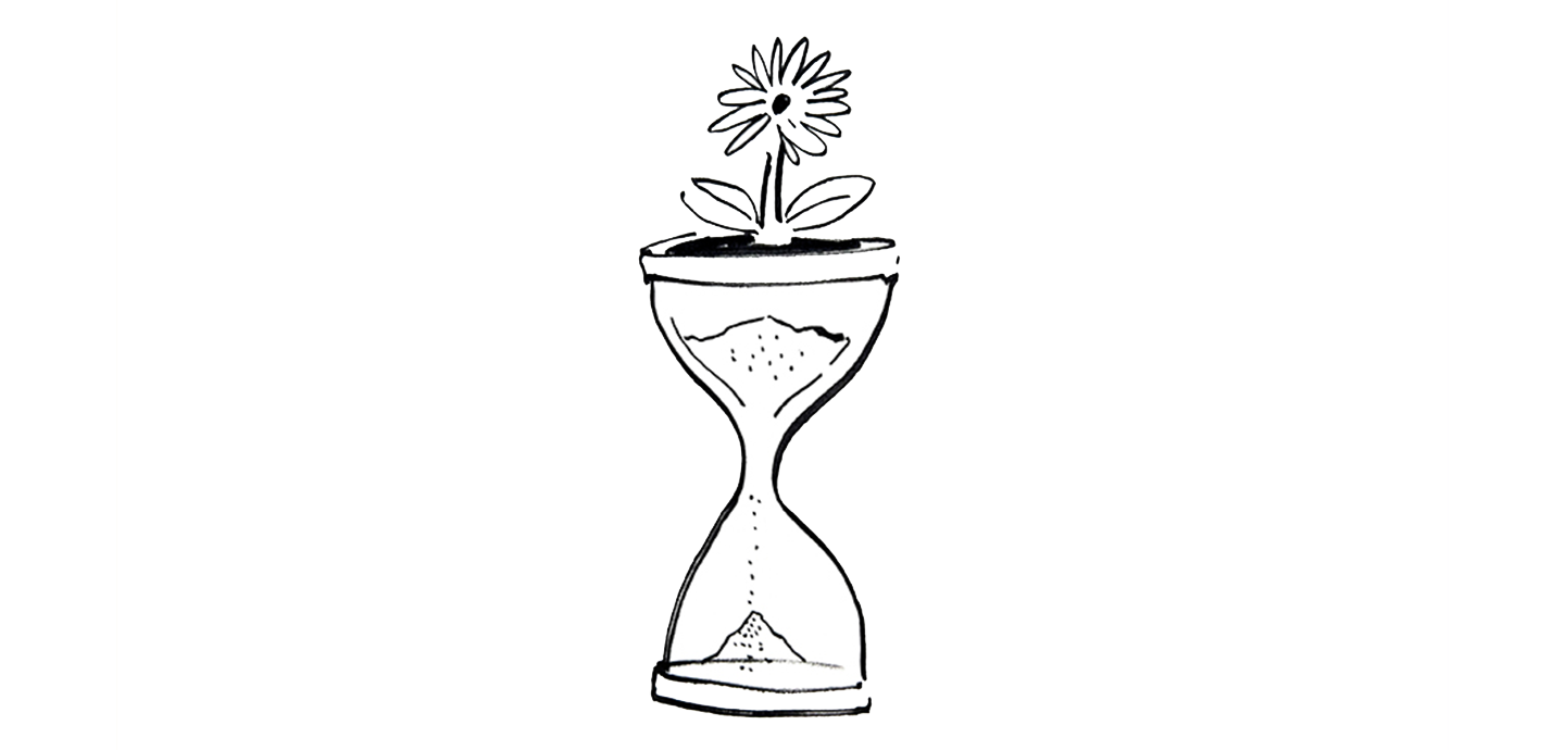 Simple black line drawing on white background of a sand-filled hourglass with a daisy growing out of the top of it. 