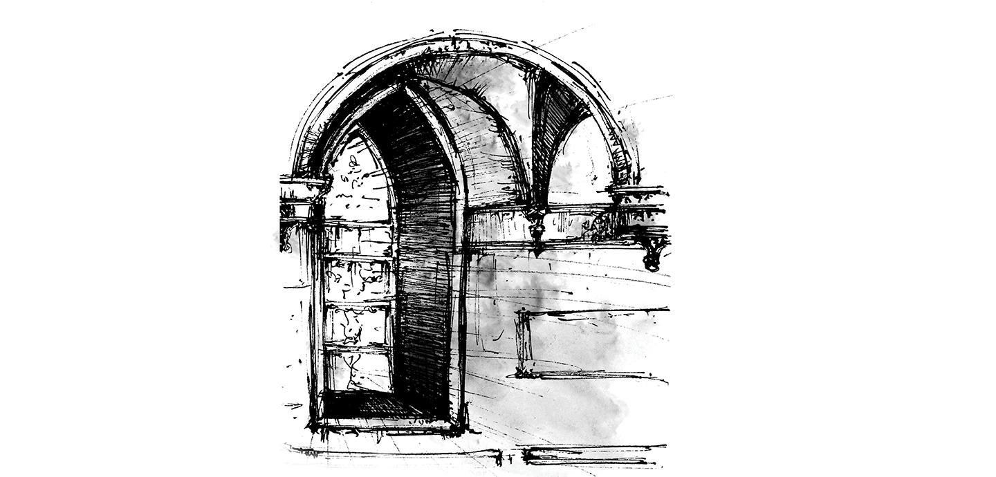 A drawing using thick black pen on white paper with grey smudges showing a restaurant interior with a vault ceiling. 