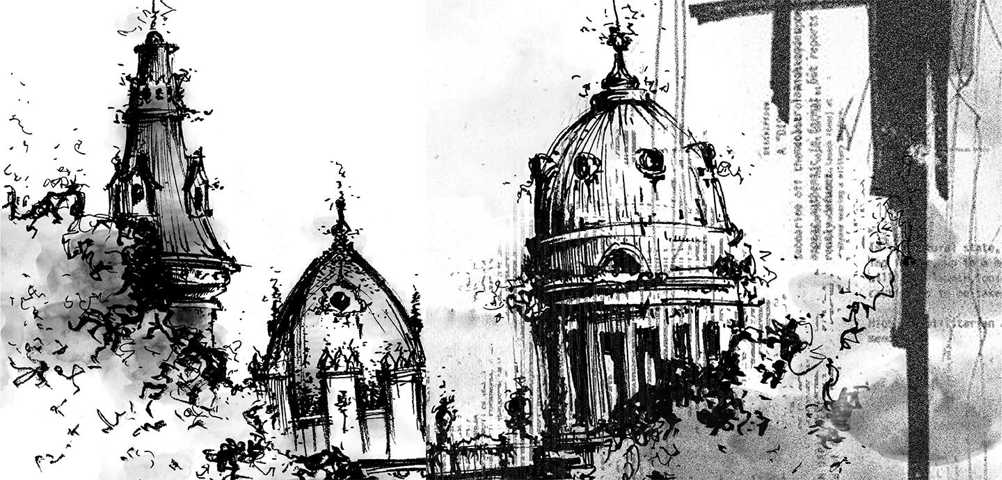 A drawing using thick black pen on white paper with grey smudges and faint text collage showing 3 buildings with trees in the foreground.