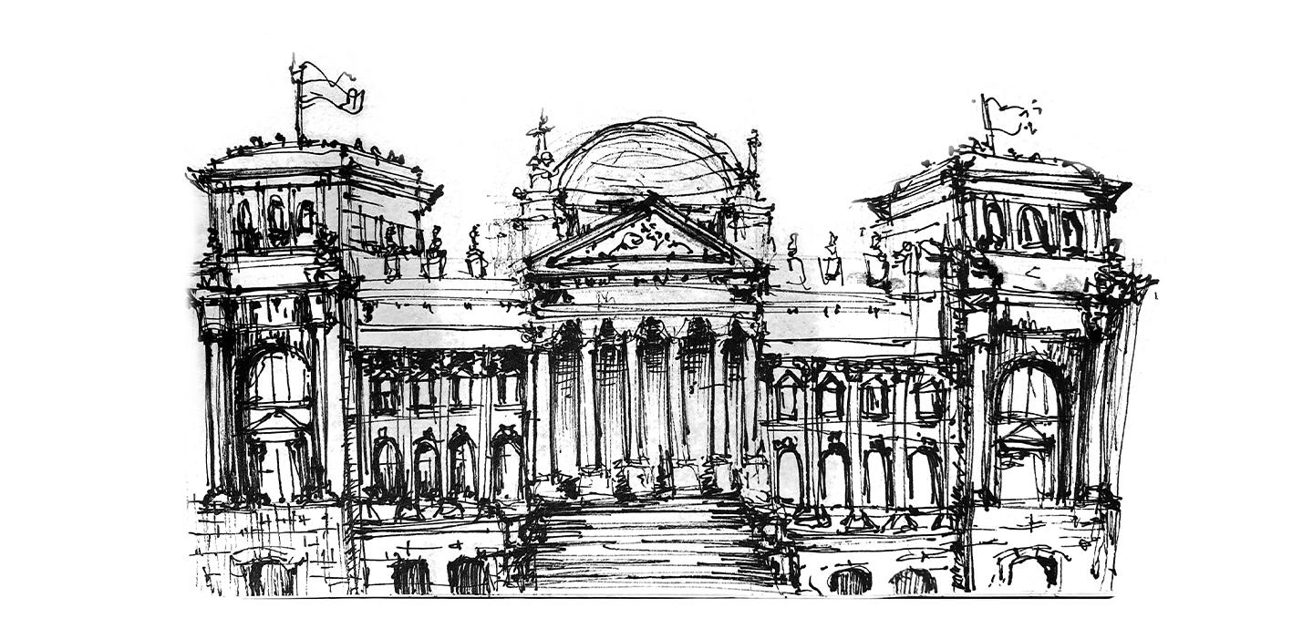 A drawing using thick black pen on white paper with grey smudges showing the front facade of the Reichstag on Platz der Republik in Berlin. 