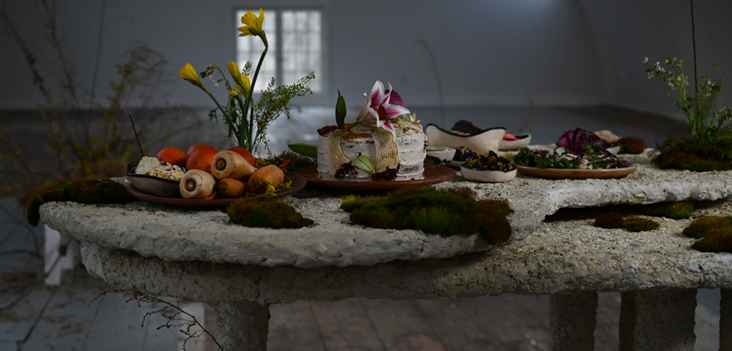 Handmade hempcrete table covered with moss, carrots, desserts, and flowers in an empty room.