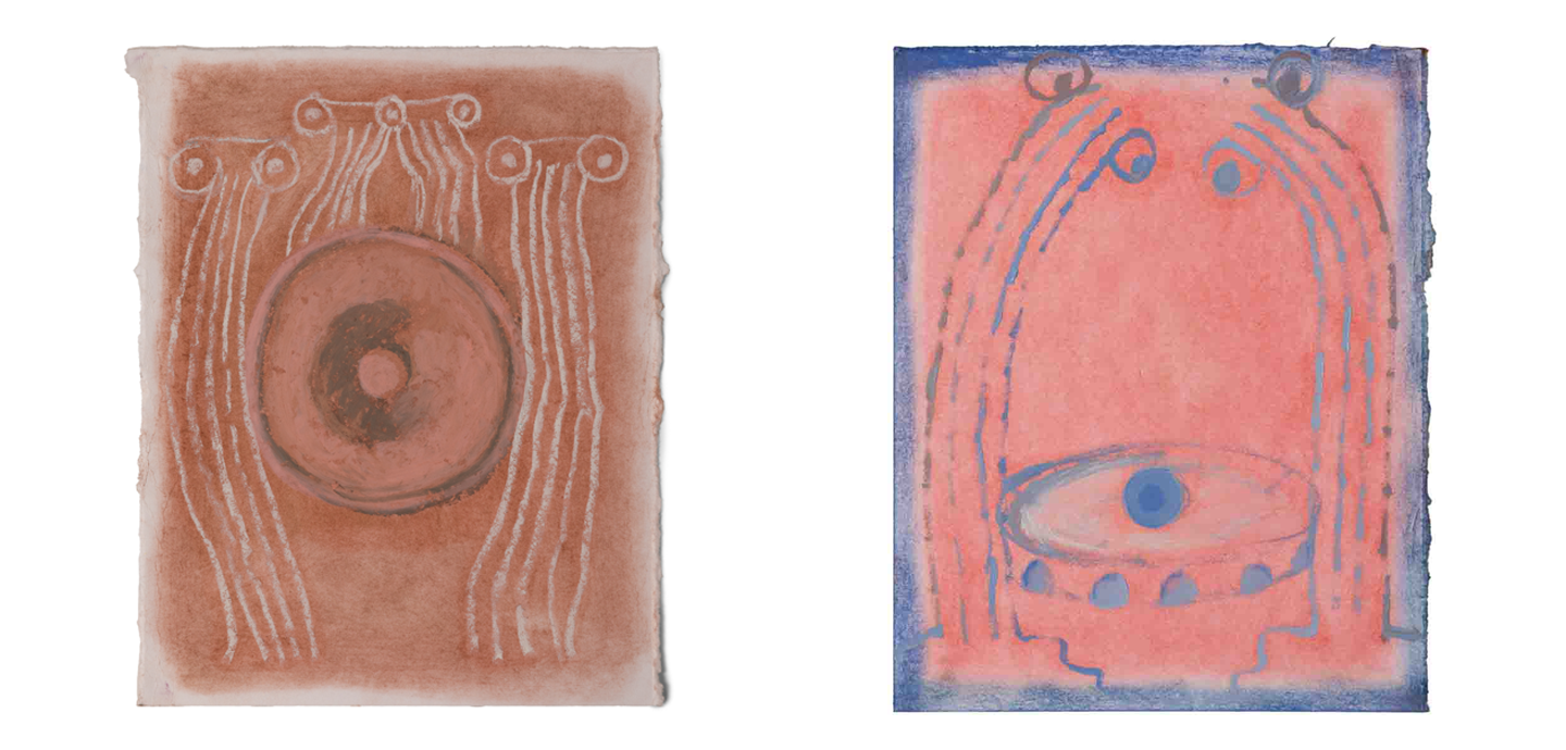 Two abstract drawings on a white background. Left is terracotta colored with column-like shapes. Right is pink colored with a blue border and blue accents with similar column-like shapes. 