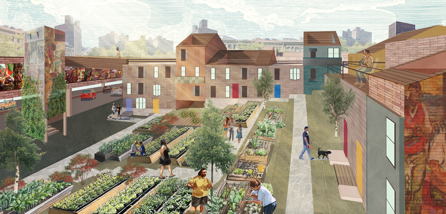 Community garden filled with raised beds, trees, walkways, and a bench, surrounding by residential buildings.