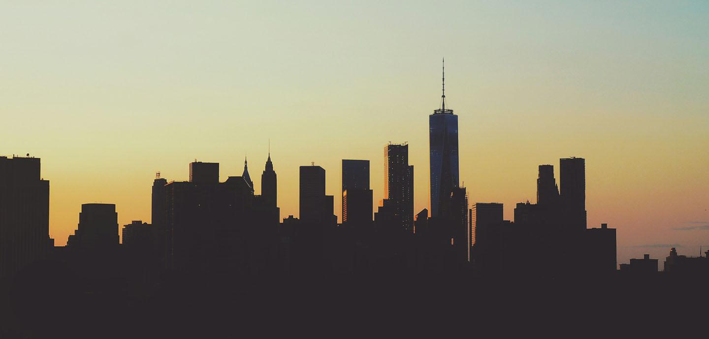 The New York City skyline at sunset