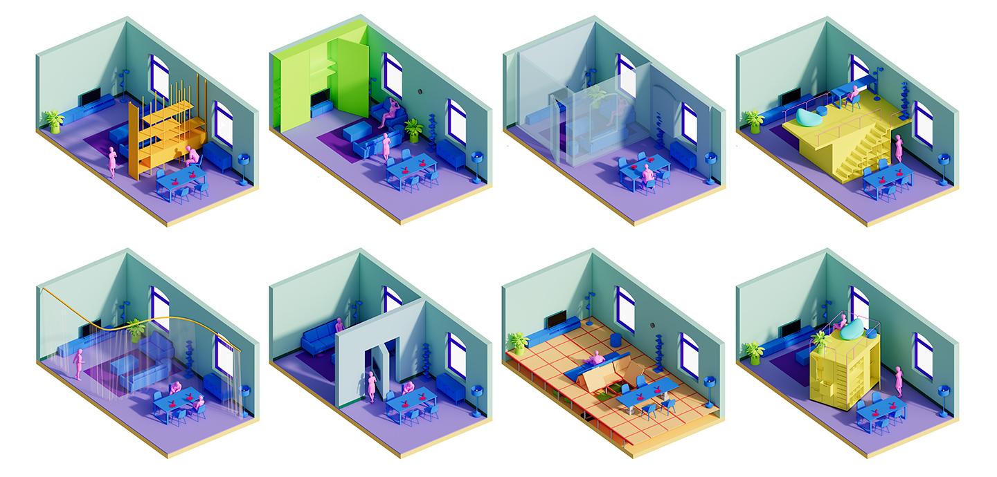 Eight renderings of the same residential room demonstrating the variety of ways the room can be used for living.