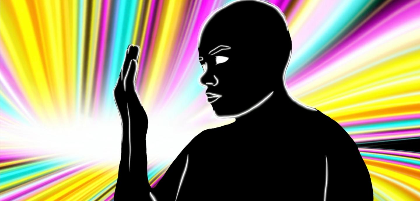 A digital drawing of a silhouette of a person against a bright, multi-colored background