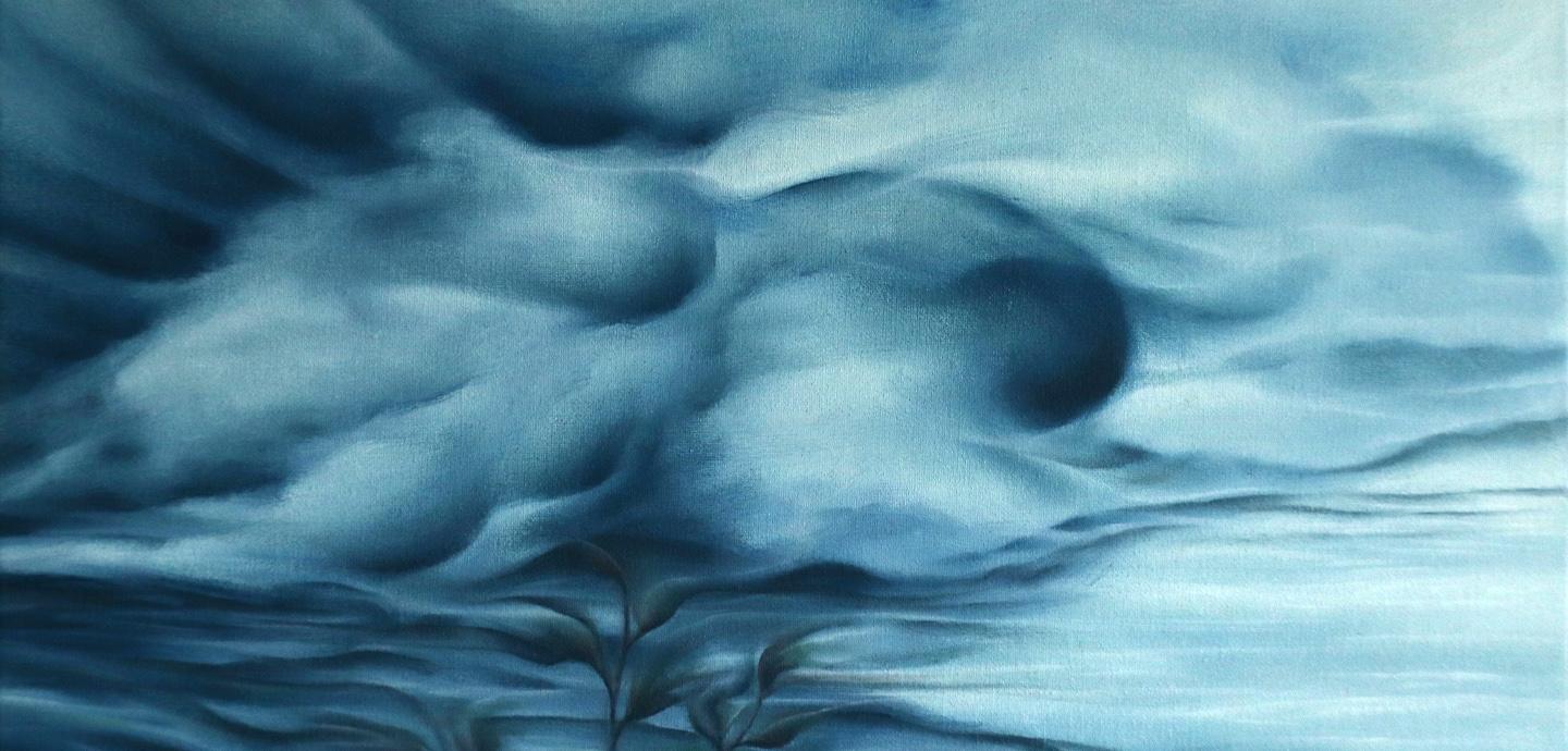 Abstract waves painted in varying shades of blue and navy. 