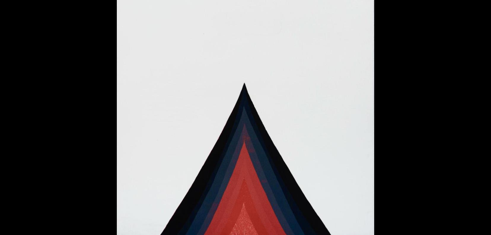 Painting of a painted triangle with a black border, fading to dark blue with a red middle triangle against a white background.