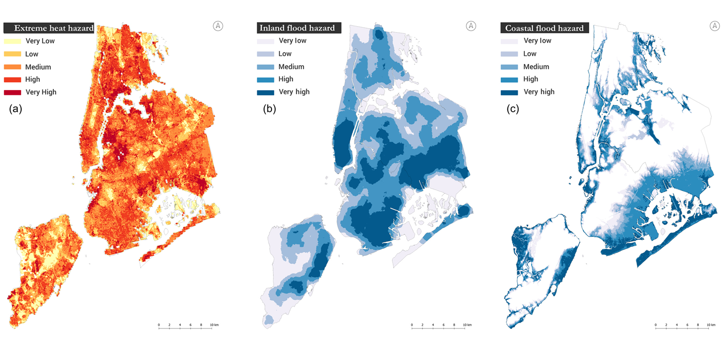 Three maps of New York City showing extreme heat hazard zones in red, yellow and orange; inland flood hazards and coastal flood hazards in shades of blue and white