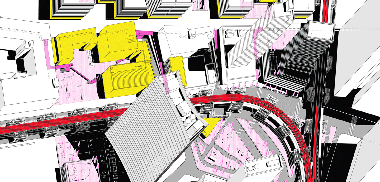 a colorful rendering of an architectural urban environment