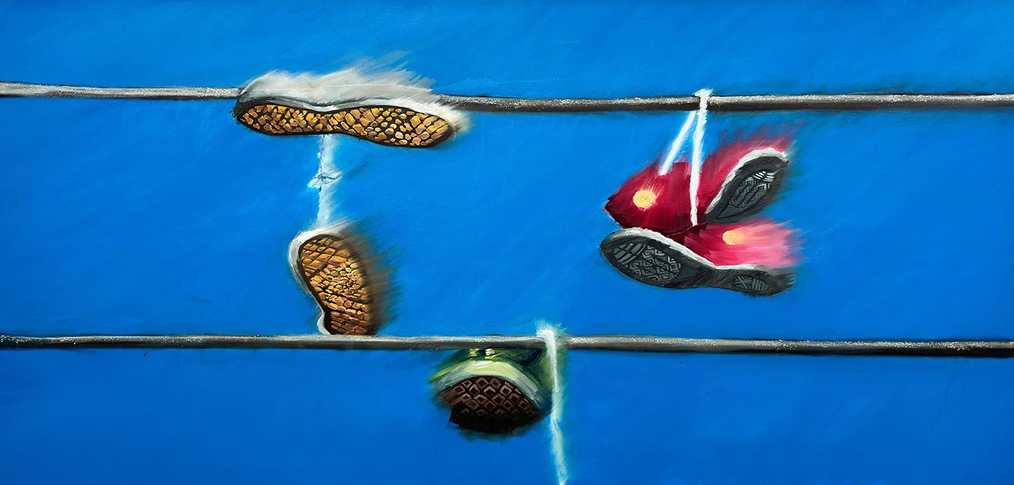 An oil painting of three pairs of sneakers, hanging by the laces from telephone wires