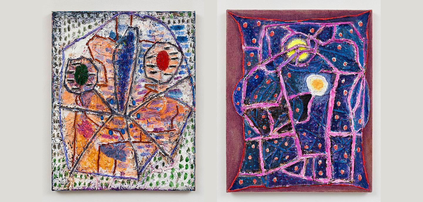 Left: an oil painting on canvas with a green dots over a tan background. Overlaying it is an abstract face in shades of purple, orange and red. Right: a painting with a magenta background and an abstract red rectangle. Inside the rectangle is a dark purple background with intersecting pink lines and splotches of yellow.