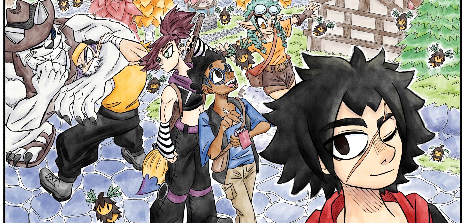 A colorful manga-style illustration of a variety of cartoon characters on a cobblestone street with a windmill in the background,