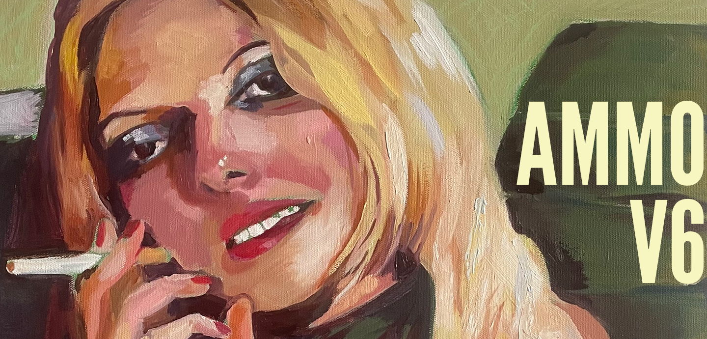 Oil painting of a blonde, long-haired person with feminine features, wearing heavy blue eyeshadow and smoking a cigarette held between red-painted fingernails, against an army green background. 