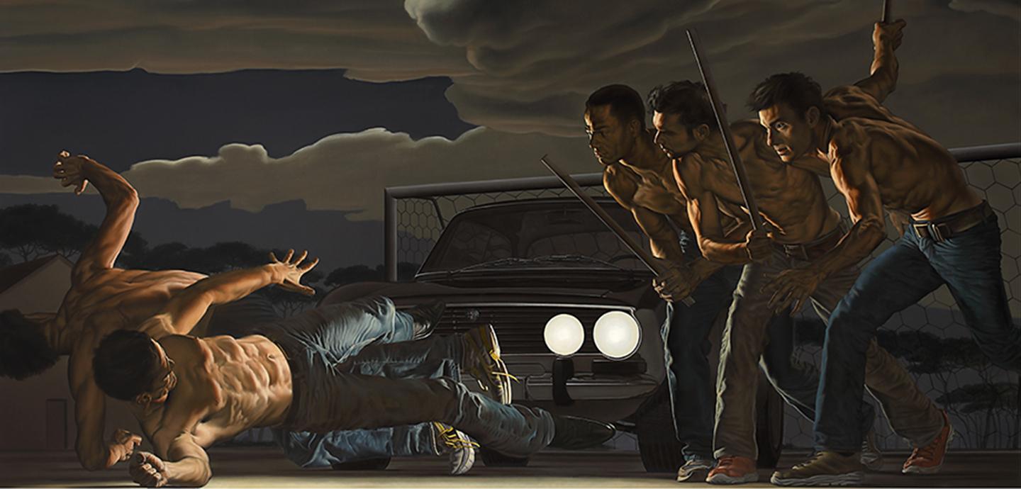 two man on the ground illuminated by the headligts of a car and three menacing people brandishing bars