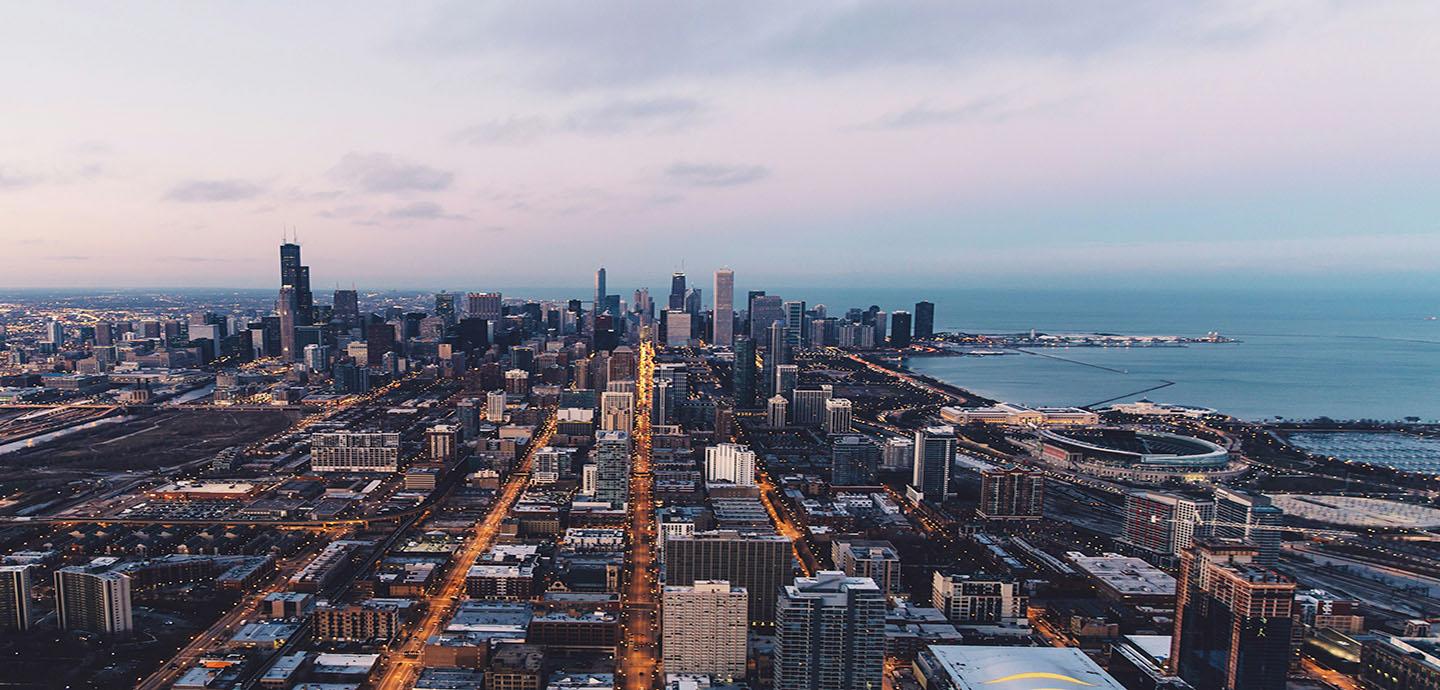 An aerial view of a city landscape.