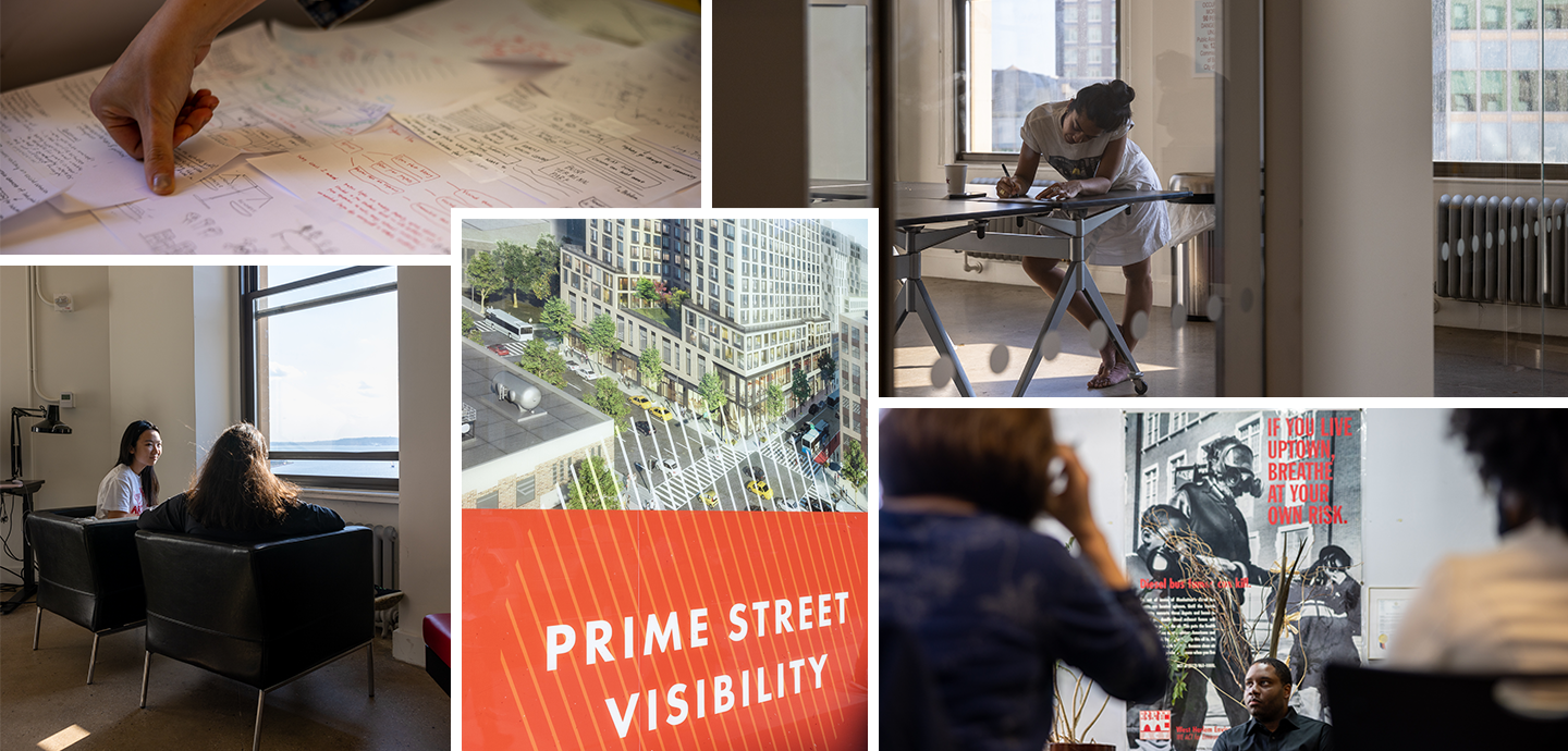 A collage of people in New York City working on city related projects.