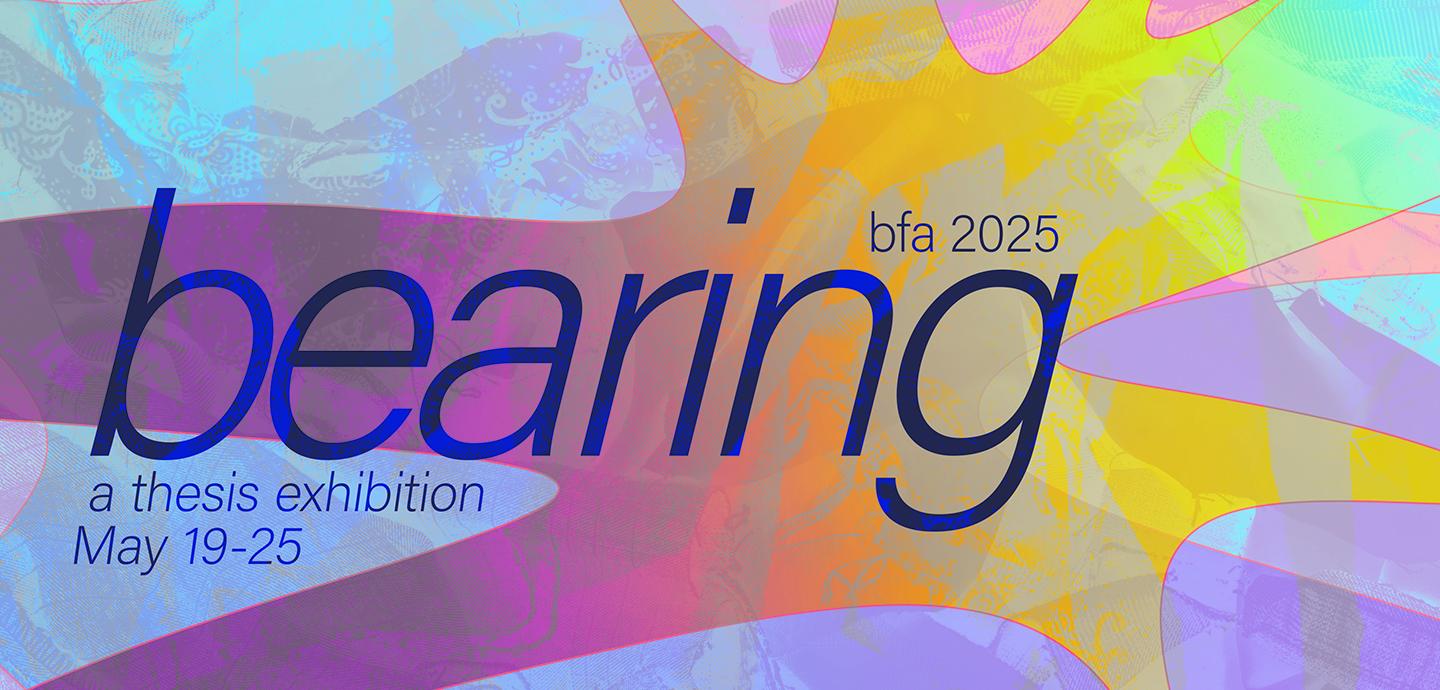 An iridescent rainbow poster with the exhibition title and dates in dark blue.