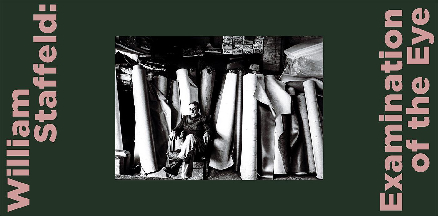 Green background with pink text and a black and white scene of a man sitting in a chair in front of large rolled objects.