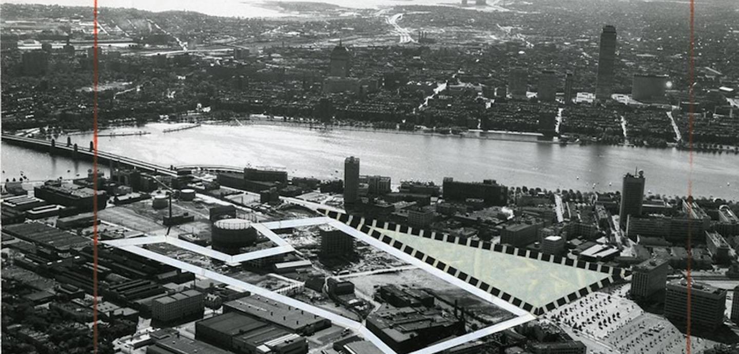Black and white photo of Cambridge with Kendall square outlined