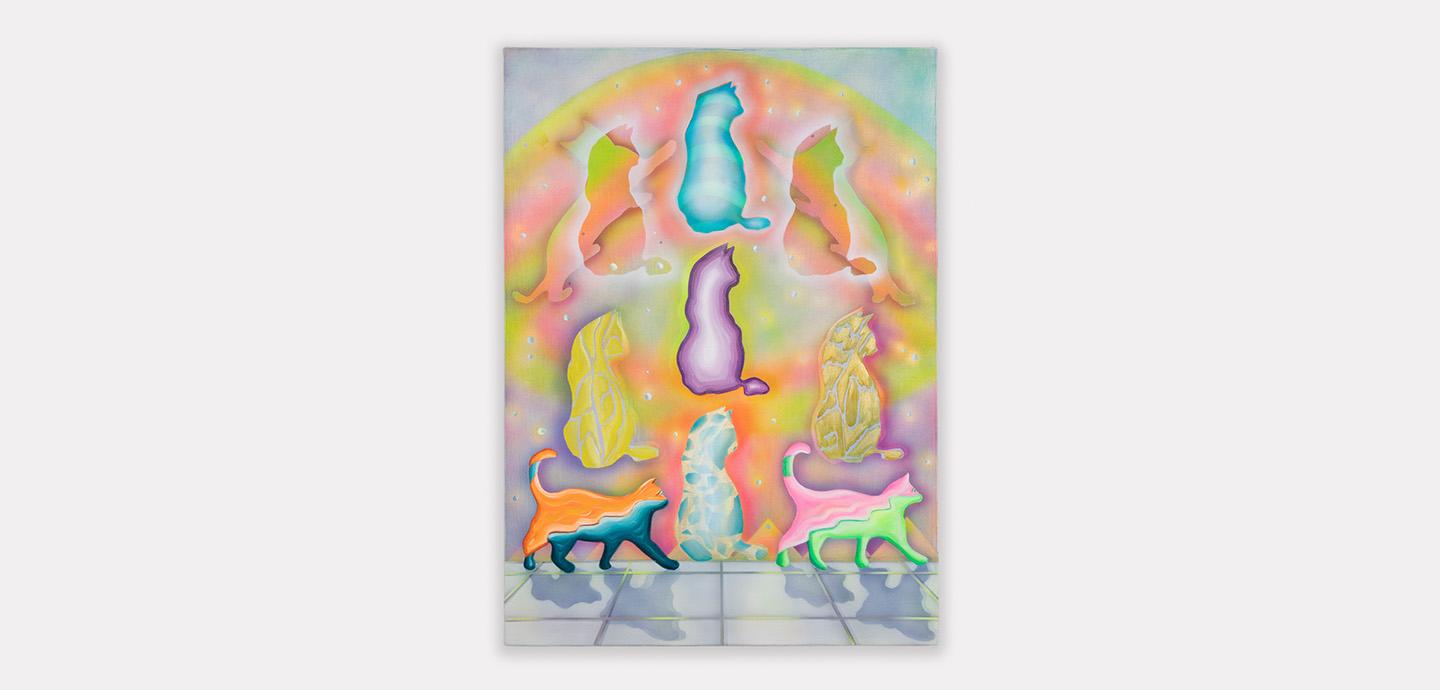 A painting of 9 brightly colored, rainbow cats stacked three in a row, set against a tile floor and bright, colorful background.