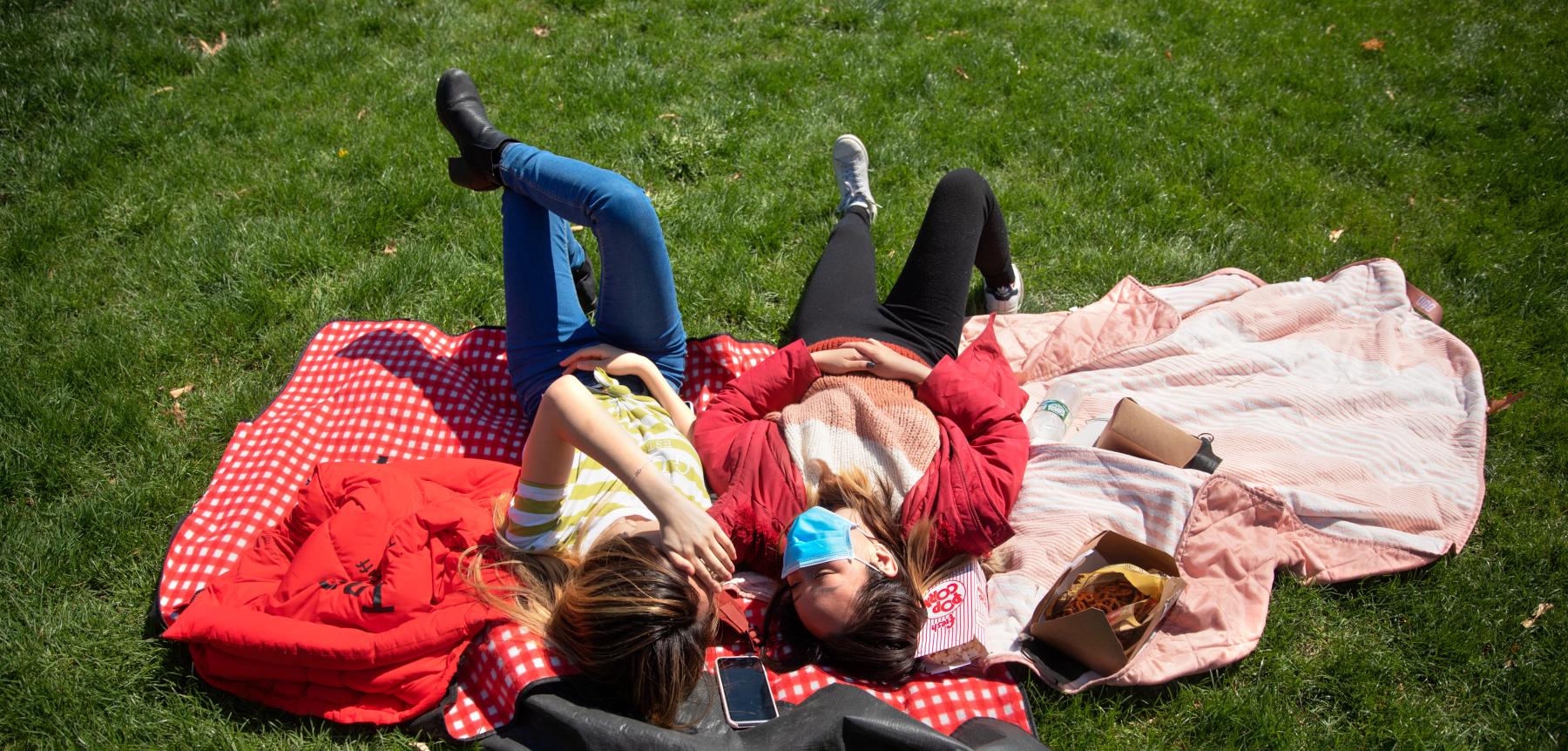 two people laying on a picnic blanket surrounded by green grass