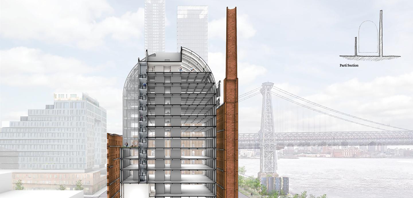 Digital rendering and cross section of an architectural structure. 