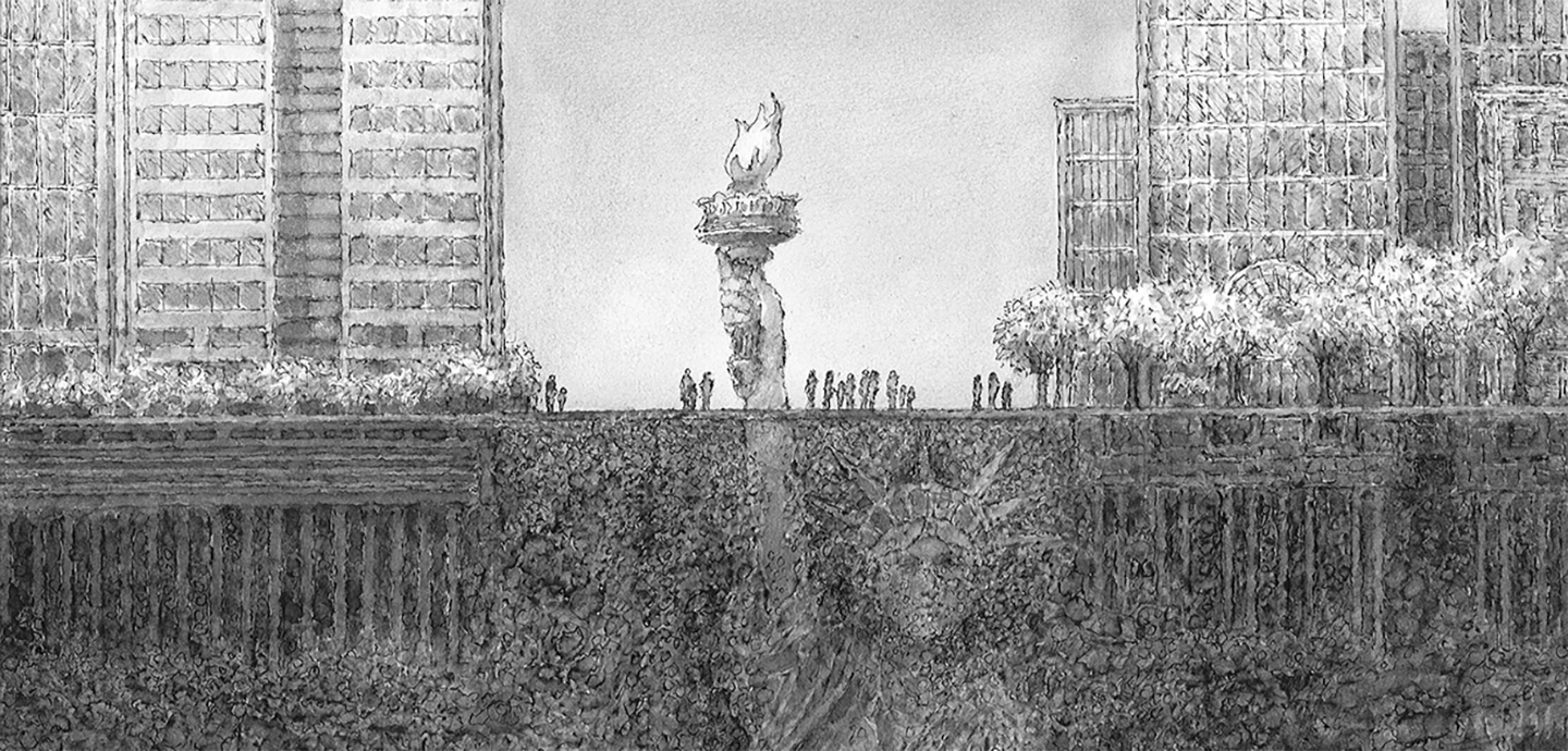 A graphite pencil drawing of the Statue of Liberty, which depicted almost entirely underground. The statues hand holding the torch protrudes from the ground amongst city buildings.  