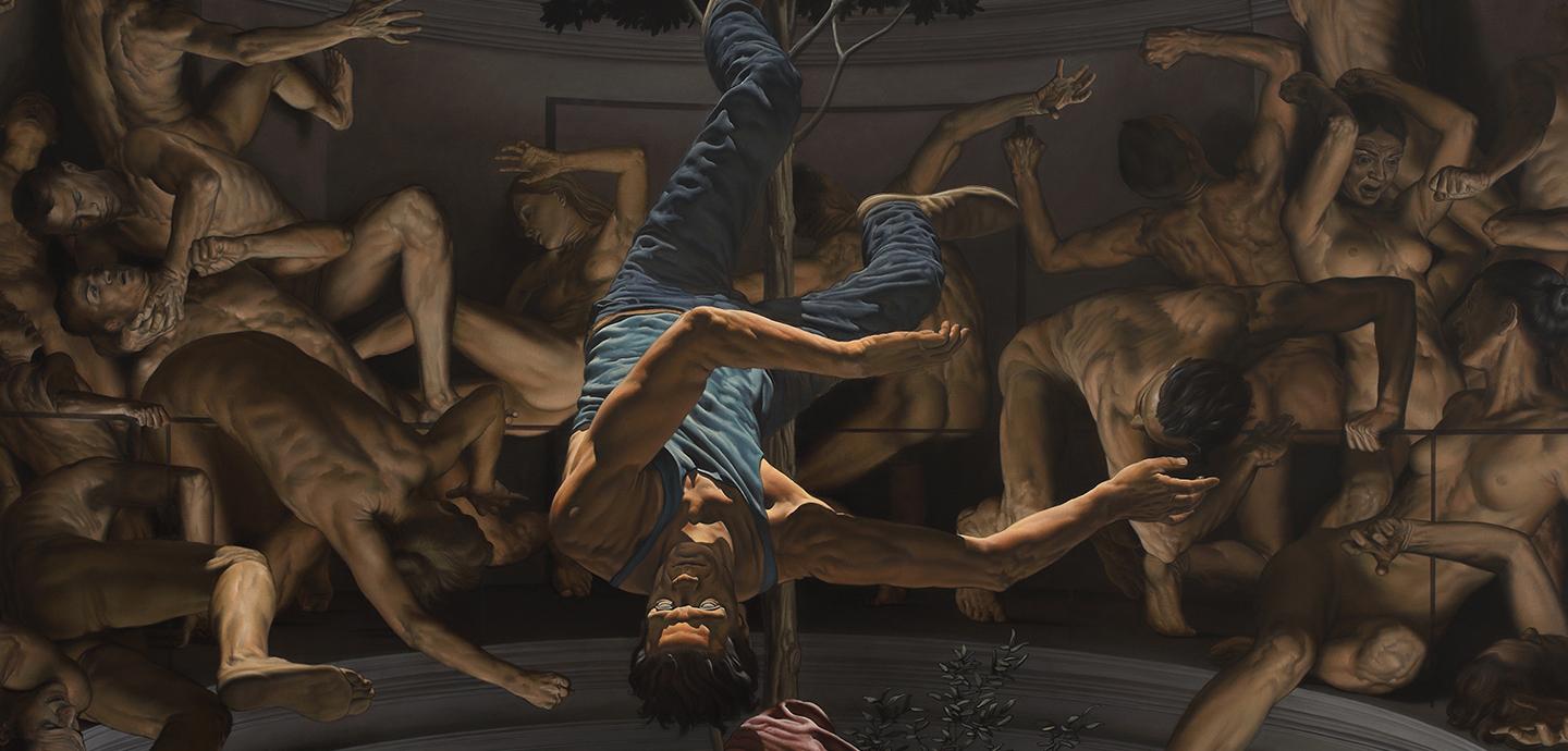 painting of a man falling head down from a dome